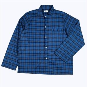 Tekla Adult Sz L Soft 100% Organic Cotton Pajama Shirt Button Down Blue Plaid